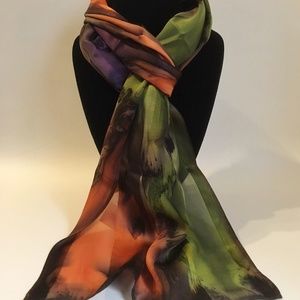 Hand Painted Silk Scarf Purple Green Orange New